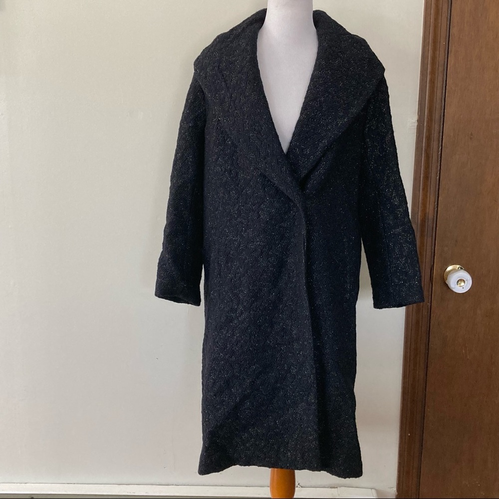 Magaschoni Wool Metallic Coat Formal Pea Long Black Dress Coat 8